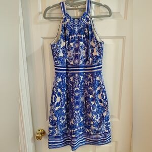 Eliza J Blue and White Halter Printed Fit-and-Flare Dress